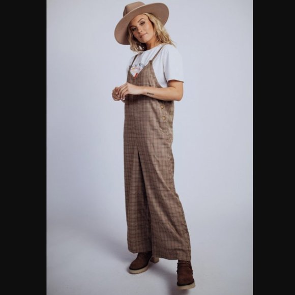 NWT Plaid Calico Wide Leg Brooklyn Jumper Overalls - Picture 3 of 5